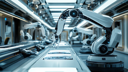 Wall Mural - a futuristic space robotics lab where robotic arms are assembling propulsion systems for interplanet