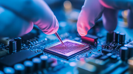 Wall Mural - a high tech ai powered semiconductor fabrication plant, engineers overseeing precision chip manufact