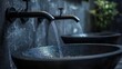 © Andi - Water flows from elegant black faucet into the dark sink