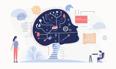 Wall Mural - artificial intelligence concept with data algorithm and human interaction in flat minimalist style