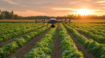 Wall Mural - a modern automated farming system, ai-controlled drones monitoring crops, agricultural tech style