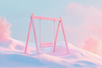 Wall Mural - a pink swing stands peacefully in a serene, snow-covered landscape under a dreamy, pastel sky.