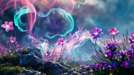 Wall Mural - ethereal meadow with glowing flowers, floating rocks, and a sky of swirling, colorful ribbons