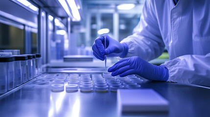 Wall Mural - a nanotech engineer developing self cleaning surfaces for hospitals, lab with nano-coating samples, 