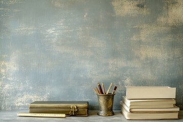 Poster - Still life featuring books, pencils in a cup, a ruler, and a vintage box against a textured blue wall.