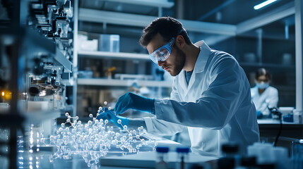 Wall Mural - a nanotechnologist developing self healing materials for construction, lab with nano-particles, buil