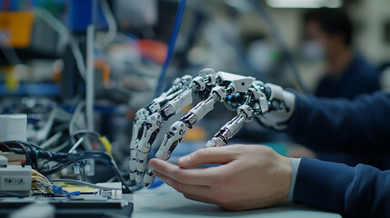 Wall Mural - a neural engineering researcher developing ai powered prosthetics for amputees, medical tech lab wit
