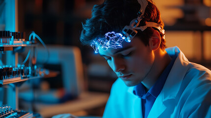 Wall Mural - a neuroscientist researching brain computer interfaces for paralysis recovery, lab with neural probe