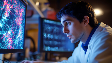 Wall Mural - a neuroscientist researching brain computer interfaces for paralysis recovery, lab with neural probe