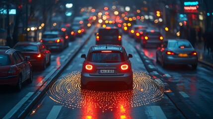 Aufkleber - A city street bustling with traffic shows an autonomous vehicle utilizing advanced connectivity and sensor technology. Raindrops create a reflective surface, enhancing the high tech atmosphere.