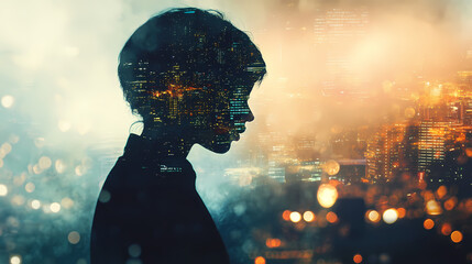 Wall Mural - Entrepreneur's silhouette dissolving into bustling urban center close up, focus on, copy space under twilight double exposure silhouette with metropolitan streets. Dissolving Horizon. Illustration