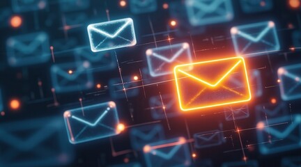 Fototapete - Cybercrime Prevention for Small Business Concept. Digital representation of email communication with glowing icons on a dark background.