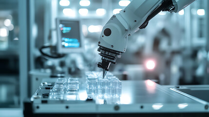 Wall Mural - a precision robotic arm delicately handling fragile glass components in an advanced optics manufactu