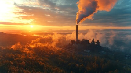 Leinwandbilder - An industrial power plant emits smoke into the sky during sunset, surrounded by forested hills. The warm hues of the setting sun illuminate the landscape, highlighting energy production.