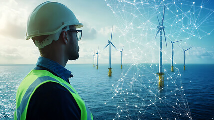 Wall Mural - a renewable energy engineer designing offshore wind farms for sustainable electricity generation, oc