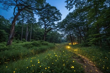 Wall Mural - Enchanting fireflies illuminate a twilight forest, creating a magical nature scene.