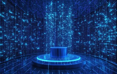 Poster - Abstract Blue Futuristic Data Stream Background with Glowing Light and Circular Podium for Presentation Stage