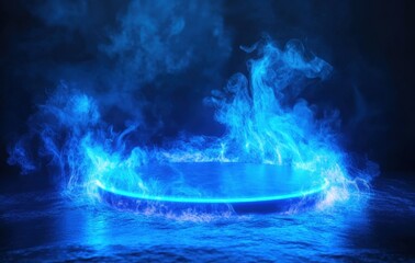 Poster - Abstract Blue Energy Circle with Flowing Particles and Swirling Smoke on Dark Background for Modern Futuristic Design