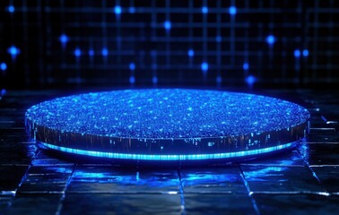 Poster - Abstract Blue Platform Stage Podium With Glowing Cyber Grid Background and Modern Metallic Surface for Technology Presentation or Display