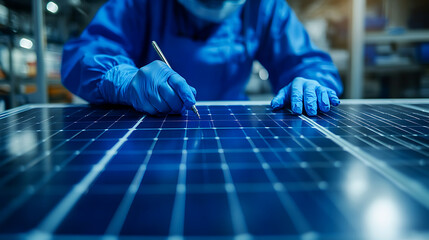 Wall Mural - a renewable energy researcher designing solar cells using advanced materials, laboratory with solar 
