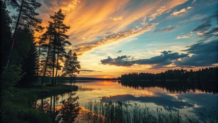 Wall Mural - Golden hour paints Kuusamo Lake, Finnish Lakeland, silhouetted trees mirrored in the tranquil summer waters.