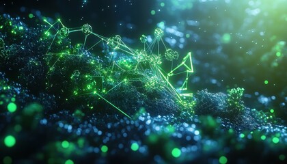 Poster - Abstract Digital Network with Glowing Green and Blue Elements on Dark Background Creates a Futuristic Science and Technology Concept
