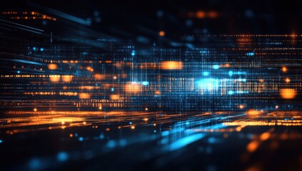 Fototapete - Abstract Digital Grid with Blue and Orange Glowing Dots and Lines Futuristic Data Stream Visuals and Geometric Pattern on Dark Background