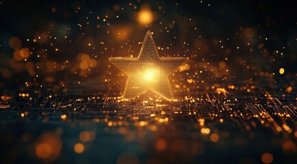 Leinwandbilder - Abstract Digital Technology Network with Glowing Star Shape in Dark Orange and Yellow Futuristic Artificial Intelligence System