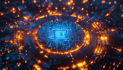 Poster - Abstract Glowing Blue and Orange Digital Network Connection Data Transmission Artificial Intelligence Concept