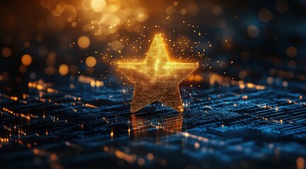 Fototapete - Abstract Glowing Golden Star on Blue Technological Circuit Board Background with Bokeh Effects for Modern Digital Future