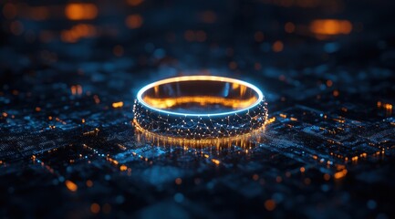 Fototapete - Abstract Glowing Ring on Circuit Board Background with Blue and Orange Lights Technology and Digital Network System Design