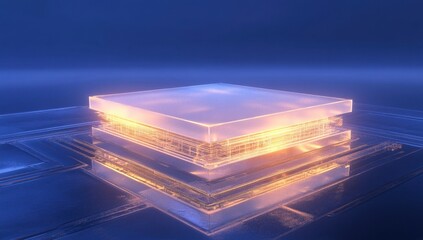 Fototapete - Abstract Glowing Square Layers in Blue and Orange Tones Depicting Advanced Technology and Futuristic Digital Design on a Textured Metallic Surface