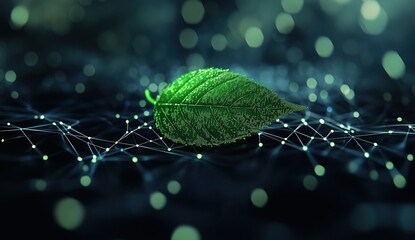 Aufkleber - Abstract Green Leaf Symbolizing Digital Network Connectivity and Technology with Interconnected Nodes and Dots on a Dark Blue Background Highlighting Modern Innovation and Sustainable Growth
