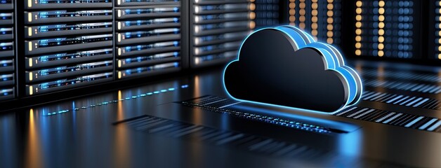 Wall Mural - digital illustration of cloud computing with glowing blue lights and a modern data center, symbolizi