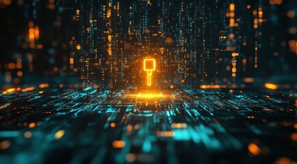 Aufkleber - Abstract Orange and Blue Digital Network with Glowing Key Symbol of Technological Innovation and Advanced Binary Code in a Dark Cyberpunk Background