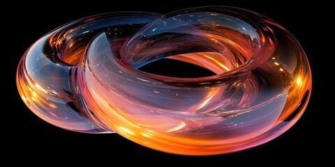 Fototapete - Abstract Shiny Glass Torus Knot with Orange and Blue Gradient Against Black Background, Geometric 3D Render, Modern Artistic Design