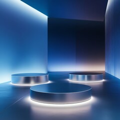 Poster - Elegant Blue Futuristic Showroom with Illuminated Podiums, Perfect for Product Display and Modern Design 
