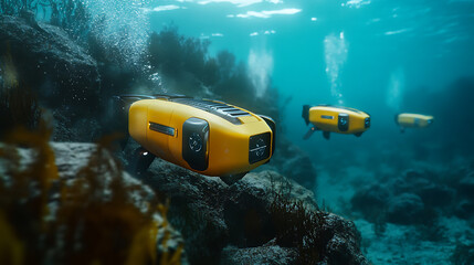 Wall Mural - a robotics designer developing autonomous underwater drones for ocean exploration, underwater enviro