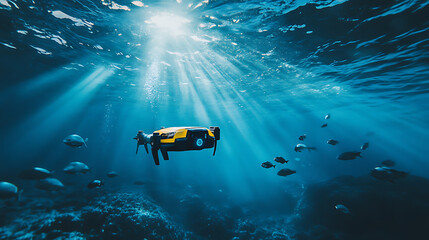 Wall Mural - a robotics designer developing autonomous underwater drones for ocean exploration, underwater enviro