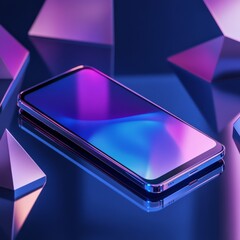 Fototapete - Futuristic Smartphone on Reflective Surface with Geometric Shapes and Vibrant Purple and Blue Lighting