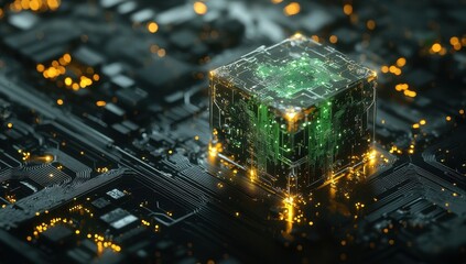 Poster - Central Green Glowing Cube Overlying Complex Circuit Board with Golden Lights Abstract Modern Hi Tech Digital Computer System Electronic Concept