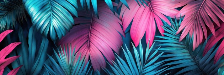 Poster - Vibrant tropical background featuring bold neon palm leaves in pink, blue, and green for a stylish jungle aesthetic
