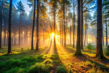 Wall Mural - Misty dawn paints a magical forest. Sunbeams pierce the fog, illuminating nature's beauty.