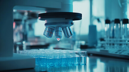 Wall Mural - a sleek biotechnology research lab, dna sequencing machines and cell cultures, scientific style