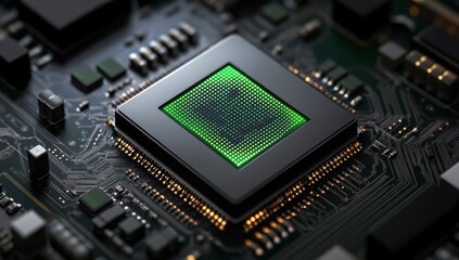 Leinwandbilder - Detailed Close Up of Central Processing Unit Chip with Green Internal Circuitry on Dark Circuit Board