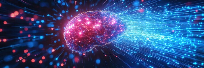 Poster - Digital Brain Concept with Red and Blue Glowing Dots Neural Network and Artificial Intelligence Connection in a Technological Futuristic Background