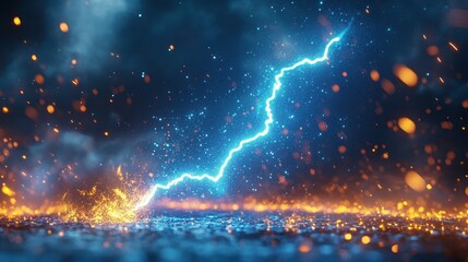 Poster - Dramatic Lightning Bolt with Blue and Orange Sparks Splitting Through Dark Ethereal Sky Striking a Glowing Reflective Surface Creating a Powerful Atmospheric Scene