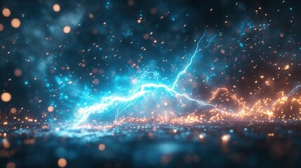 Poster - Dynamic Blue and Orange Lightning Strikes with Glowing Particles Creates an Energetic Abstract Design on Dark Background