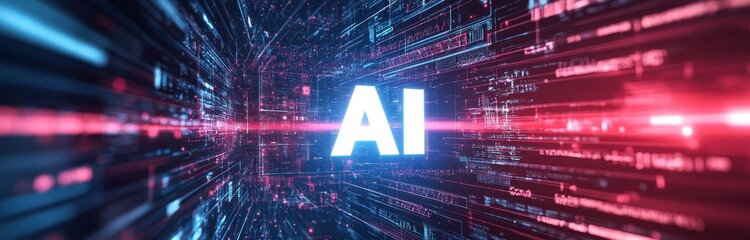 Aufkleber - Dynamic Ai Core Concept in Blurred Blue and Red Abstract Background with Data Stream Visualization of Machine Learning Network Digital Future Innovation