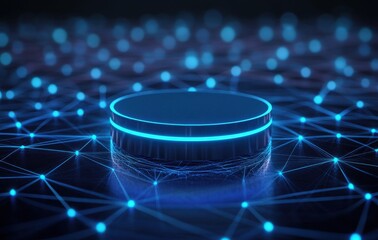 Aufkleber - Futuristic Blue Abstract Digital Database Connection Technology with Glowing Spheres and Network Grid Visualization for Cloud Computing and Artificial Intelligence